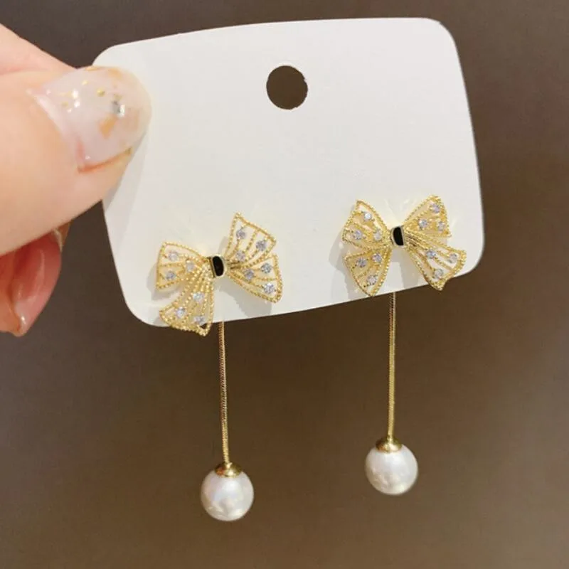 

New Sweet Gold Color Rhinestone Bowknot Earrings For Women Girls Fashion Party Jewelry Trend Long Tassel Drop Pearl Earrings