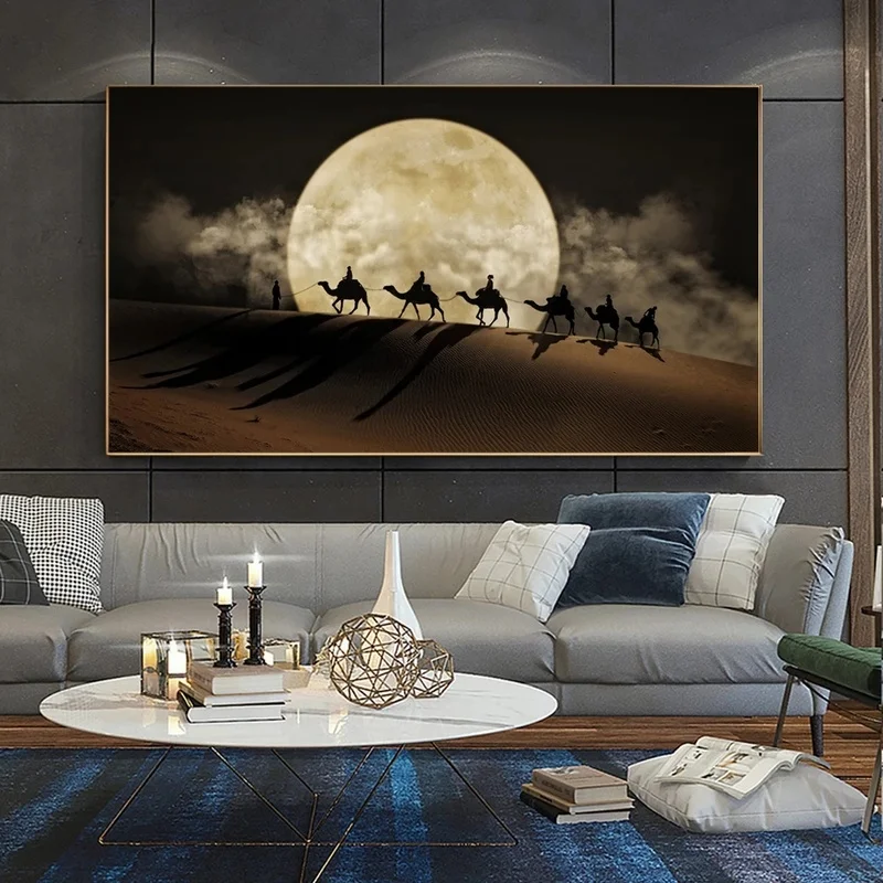 

Camel In The Desert Landscape Canvas Painting Poster Prints Wall Art Moon Night Scene Picture for Living Room Home Decor Cuadros
