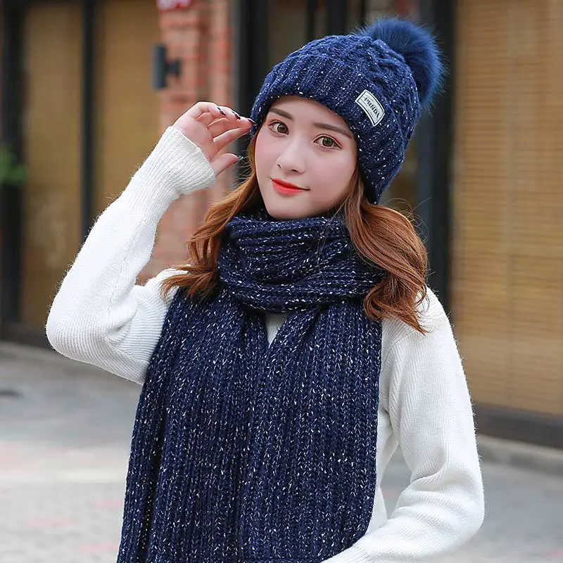 

Autumn Winter Knitting Warm Hat Scarf Set For Ladies Luxury Brand Red Grey Brown Blue Black Hats Women Gift