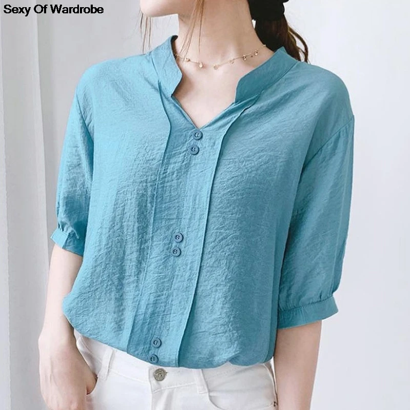 

Back lace shirt women's short sleeve 2021 summer new V-neck relaxed careful machine screen shirts