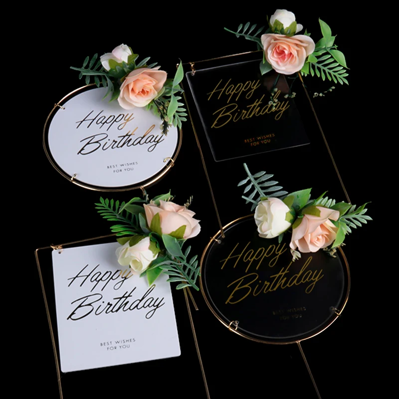 

Happy Birthday Decoration Acrylic Cake Toppers with Flower Mini Cake Toppers Birthday Party Baking Cake Decorating Flags Toppers