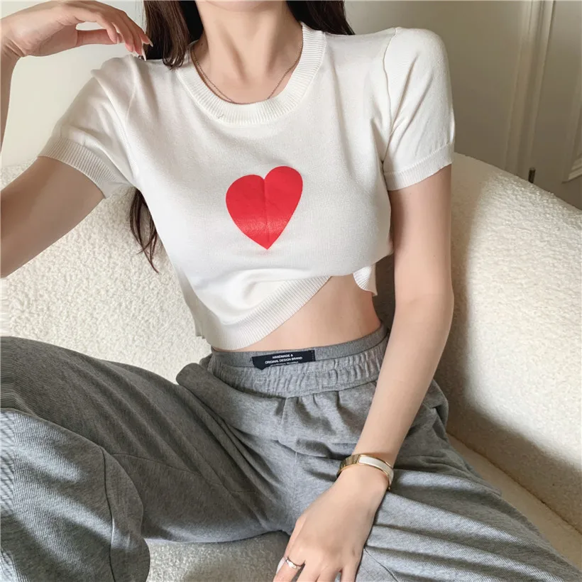 

Sexy Slim Oversize Knitted T shirts Korean Young girl Tshirts Loose Love O Neck Shorts Sleeve White Black Sweater top 2893J