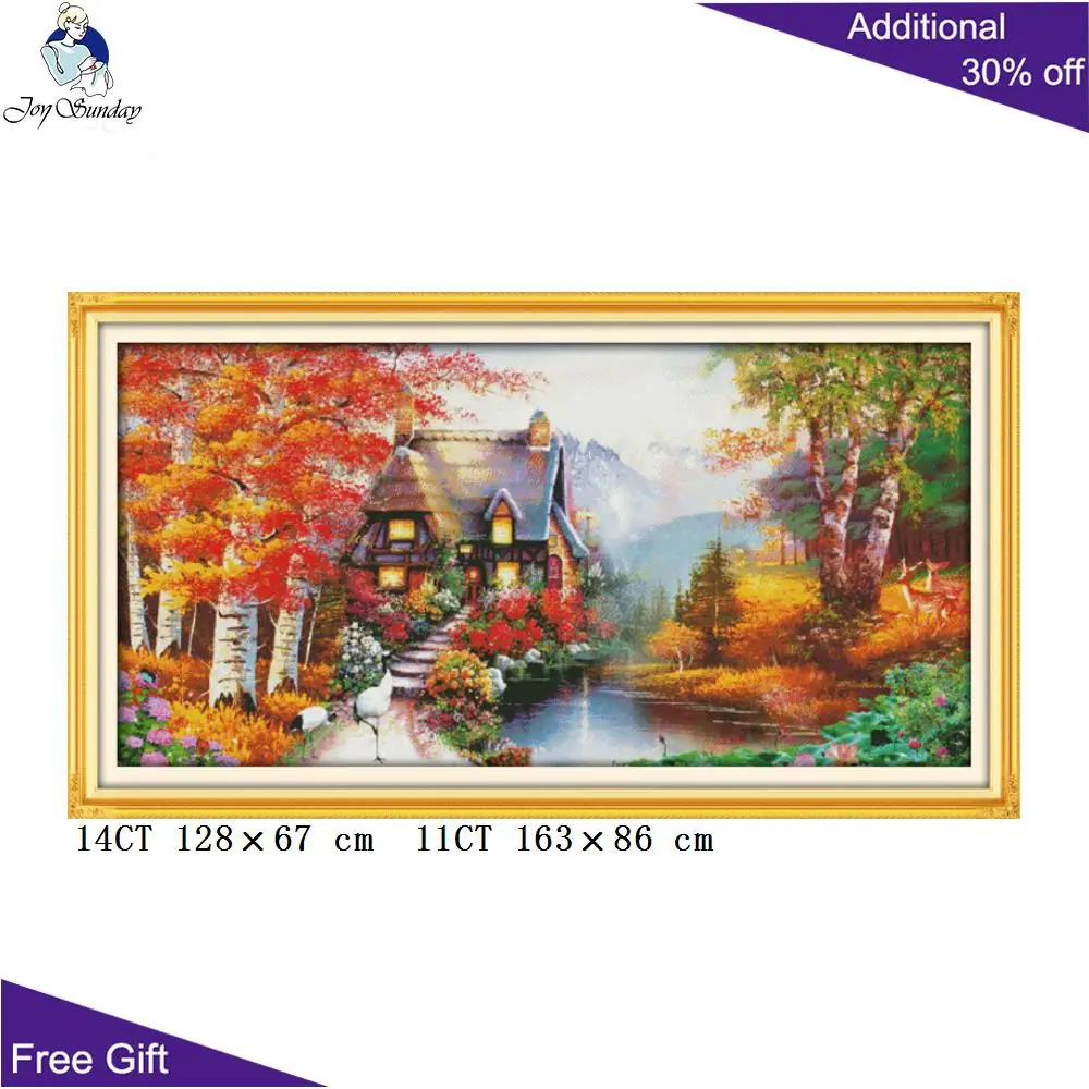 Joy Sunday Золотой пейзаж F451(4)F464(2)F465(1) 14CT 11CT подсчитанный и отпечатанный дом мечты