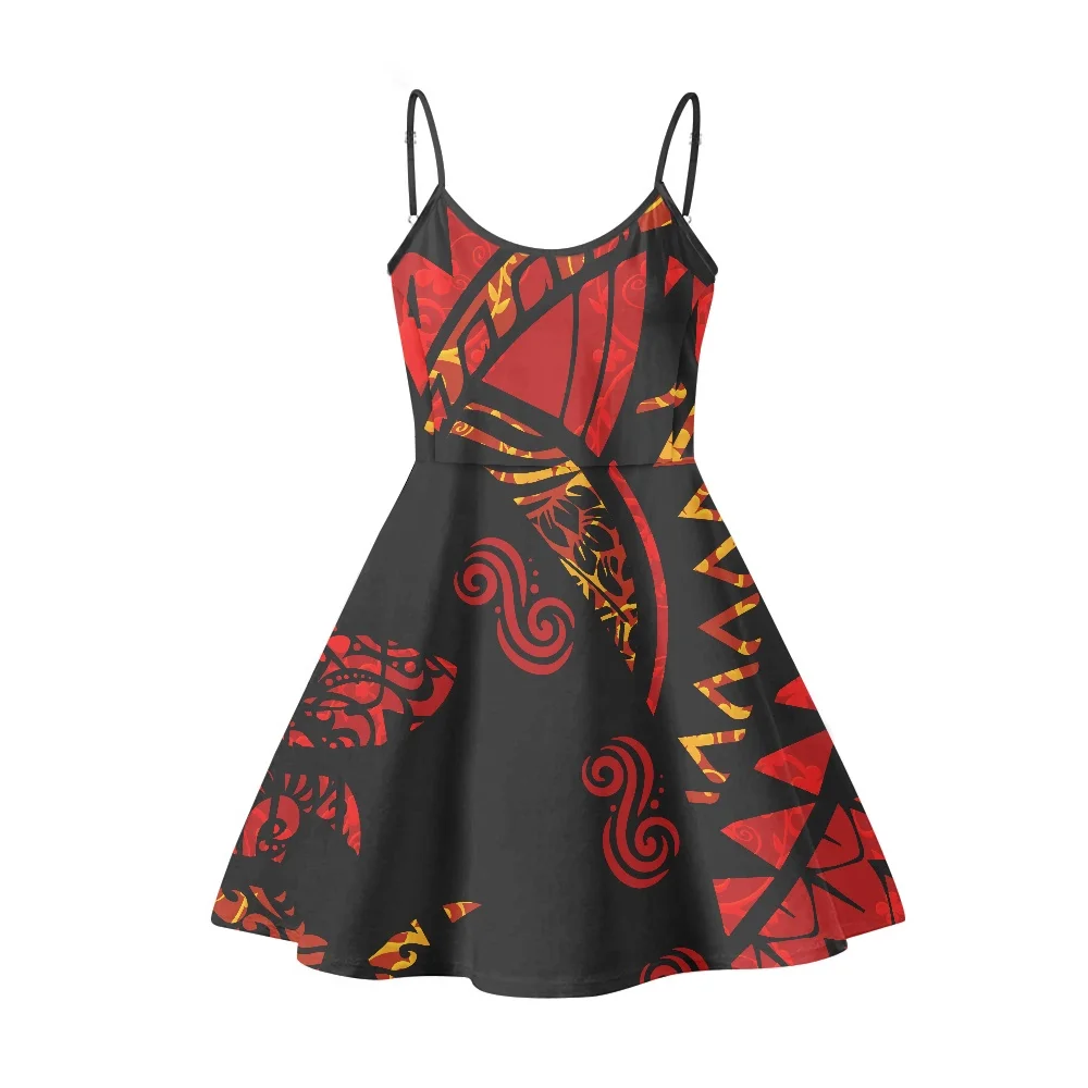 

Summer Woman Red Dresses Polynesian Hawaii Tribal Tattoo Print Summer Sleeveless Sundress Tribal Hibiscus Design Slips Dress