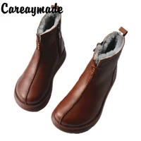 careaymade full leather pure wool medium high slope heel shoesoriginal thick soled sheepskin and fur warm womens shoes
