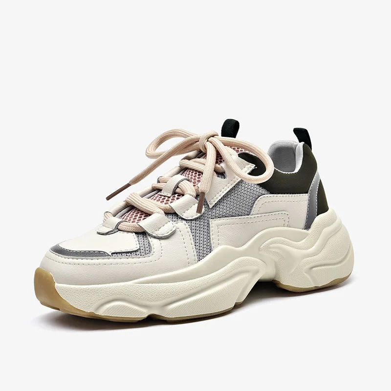 Женская кожаная спортивная обувь на толстой подошве для бега с рифленой подошвой