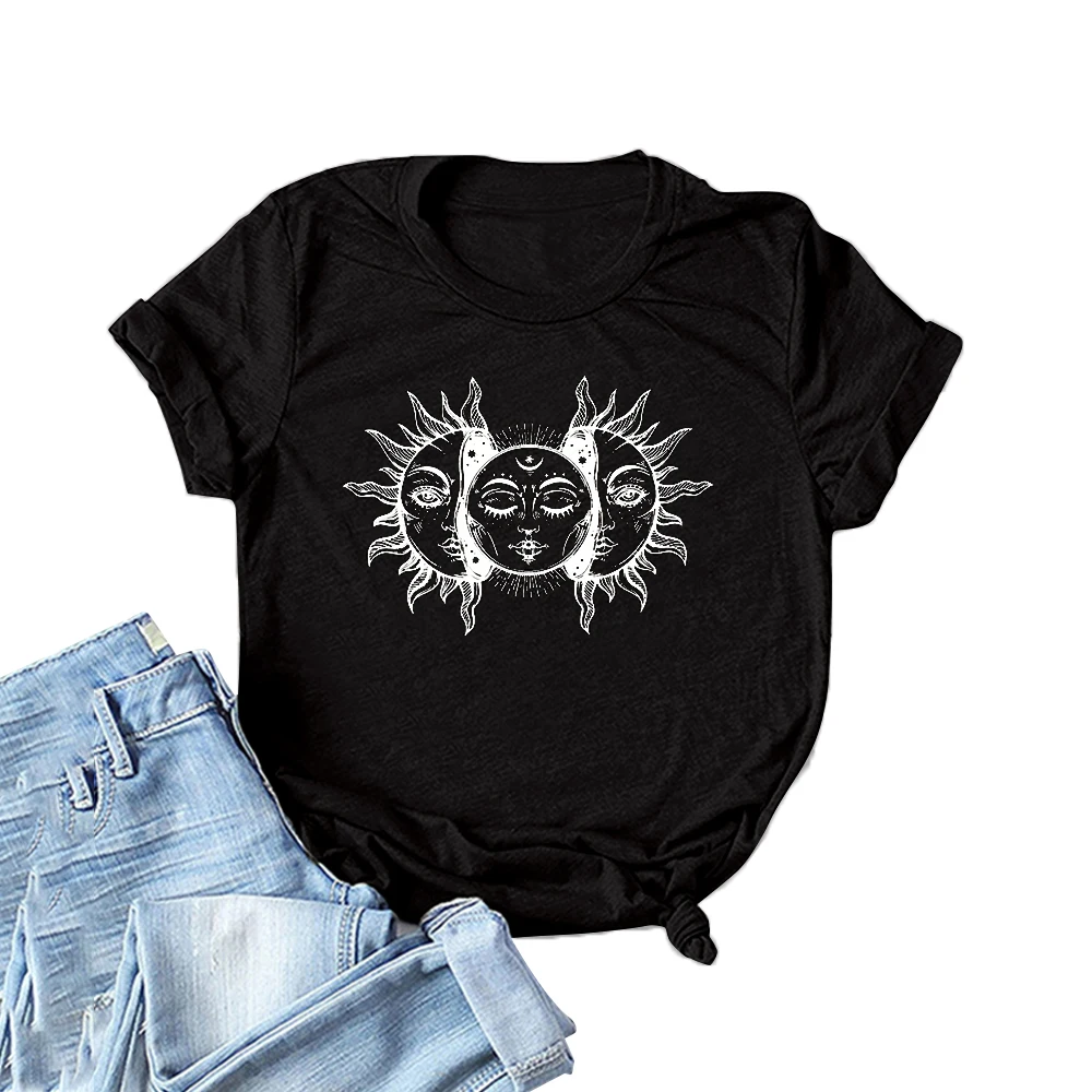 

Women Print Short Sleeved Casual T-shirt O-neck Sun Letter Tee Top Summer Fashion Black Ladies Cotton Tshirt Female Clothing