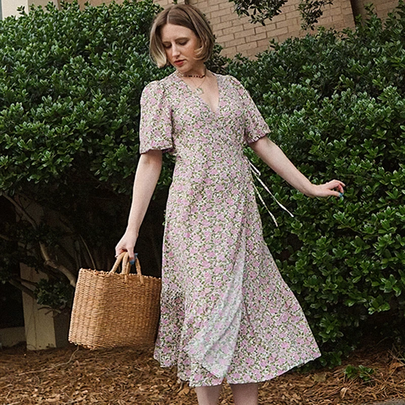 

Peonies Print Dress 2022 Women Clothes V Neck Short Sleeves Wrapped Split Long Dresses Ladies Summer Casual Chic robe femme