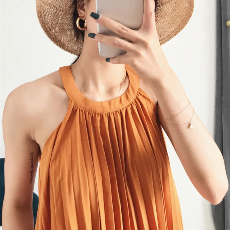 LANMREM однотонное Плиссированное женское платье без рукавов с висячим вырезом на