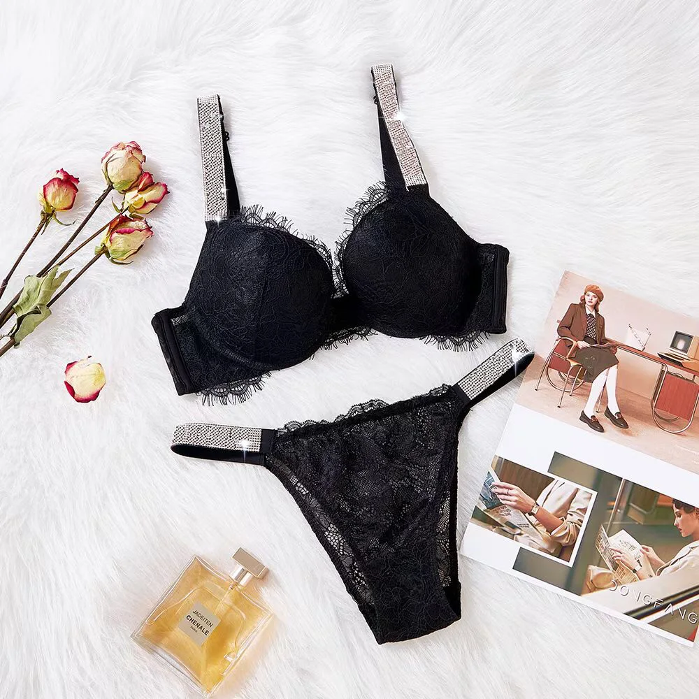 

Sexy Women Lace 2Pcs Push Up Solid Bra Set Rhinestones Letter Two Pieces Intimate Suit Elegant Ladies Lingerie Underwear