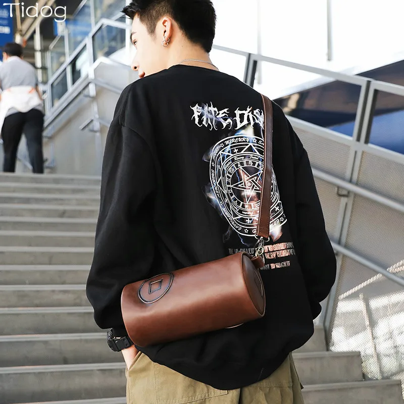 

New Fashion Retro Men Barrel-shaped Bags Small Shoulder Crossbody Bag Brand Leather PU Male Messenger Bag Cylinder Handbag