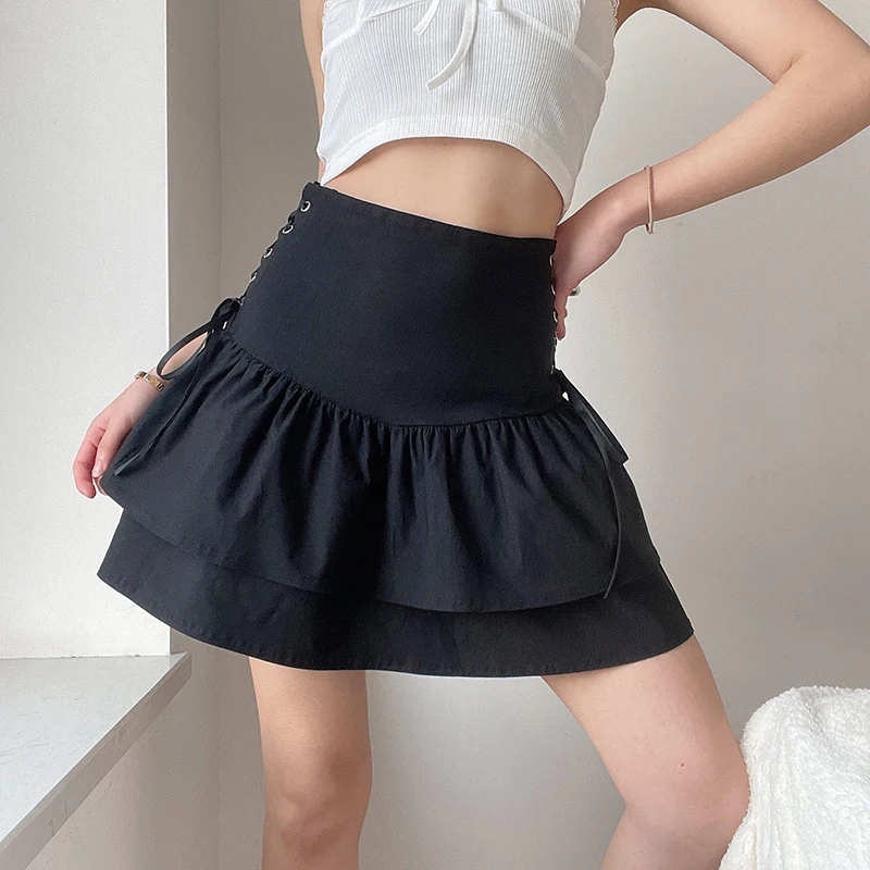 

Harajuku Punk Skirt Women's Solid Shirred High Waist Layered Ruffle Hem Flared Mini Skirt Korean Style Skater Skirt Gothic