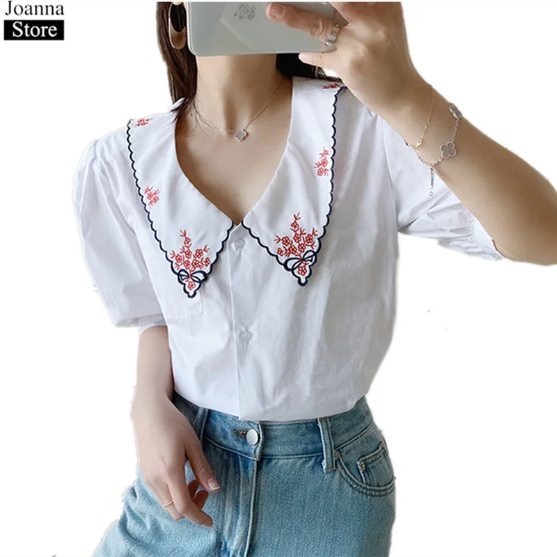 Spring Summer New Embroidery Chiffon Shirt Women Lapel Puff Sleeve Buttons Vintage Blouses Cotton White Plus Size Clothes Female