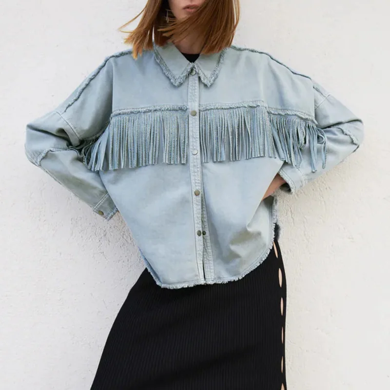 

Женская рубашка с длинным рукавом Za, винтажная куртка с бахромой и воротником с бисером, модная уличная одежда, тренчкот