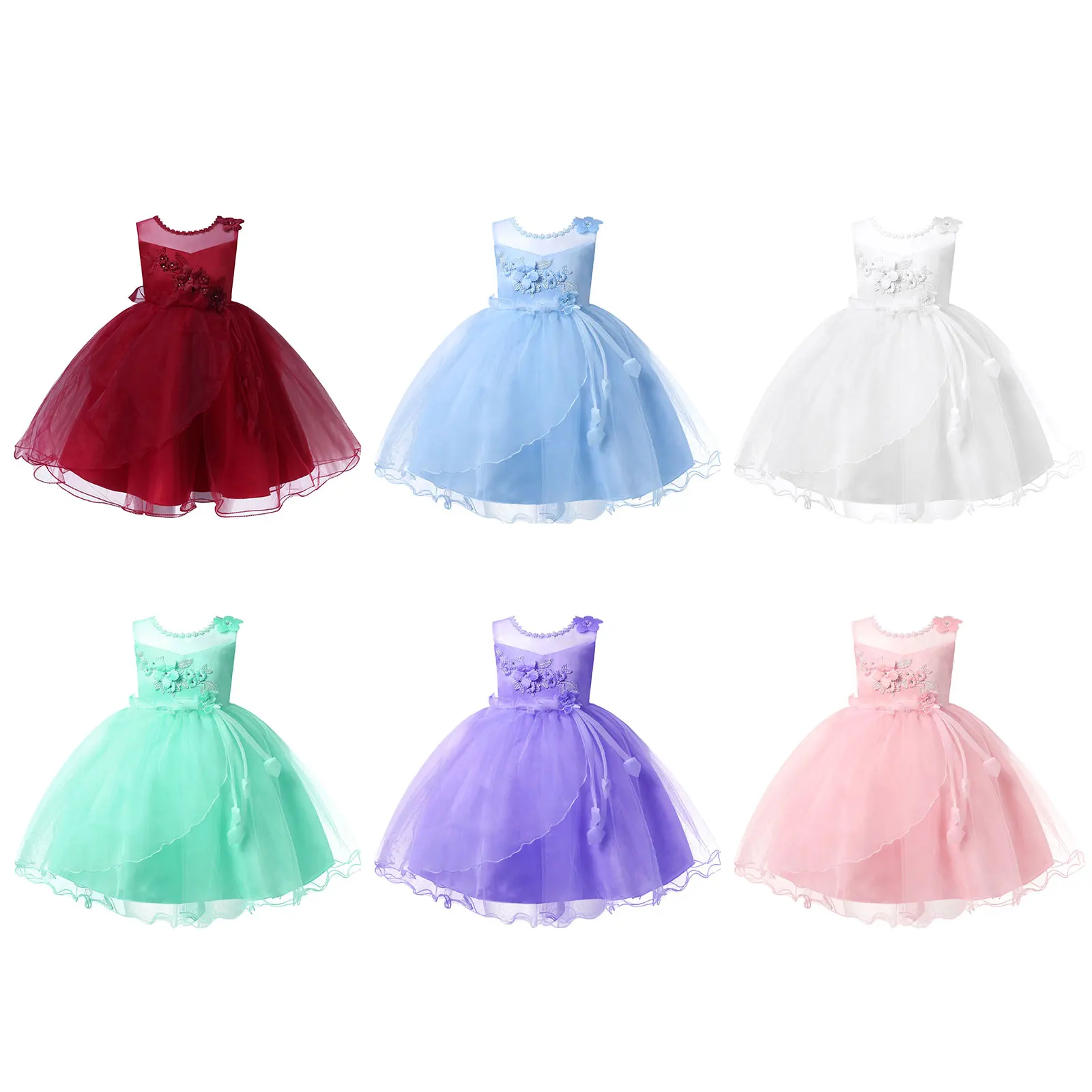 

2021 Kids Girls Party Dress Sleeveless Embroidered Flower Bowknot Mesh TuTu Dress Children Princess Birthday Wedding Costume