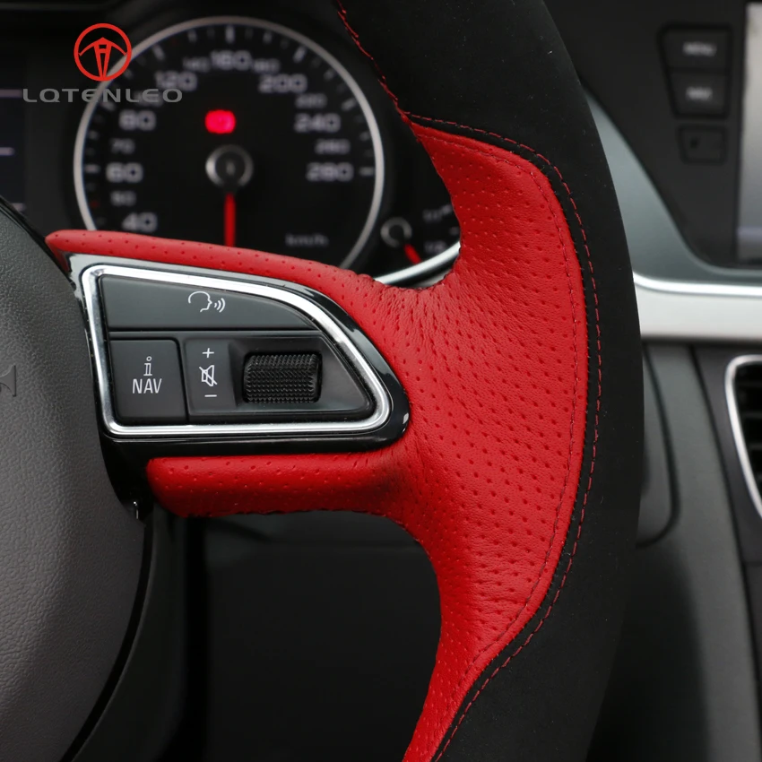 

LQTENLEO Red Leather Black Suede Car Steering Wheel Cover for Audi A5 2013-2017 A6 S6 2012-2018 Allroad 2013-2018 S8 2013-2018