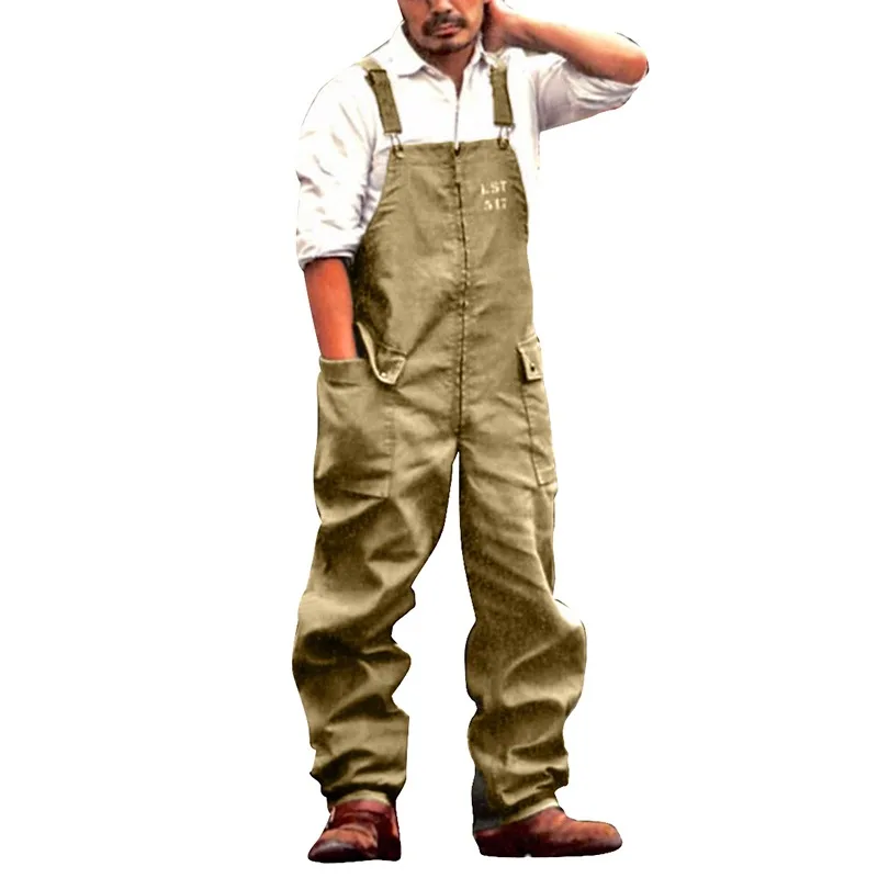

Комбинезон мужской с подтяжками, брюки-карго повседневный, уличная одежда, однотонный ромпер с карманами, модный Свободный комбинезон, весн...