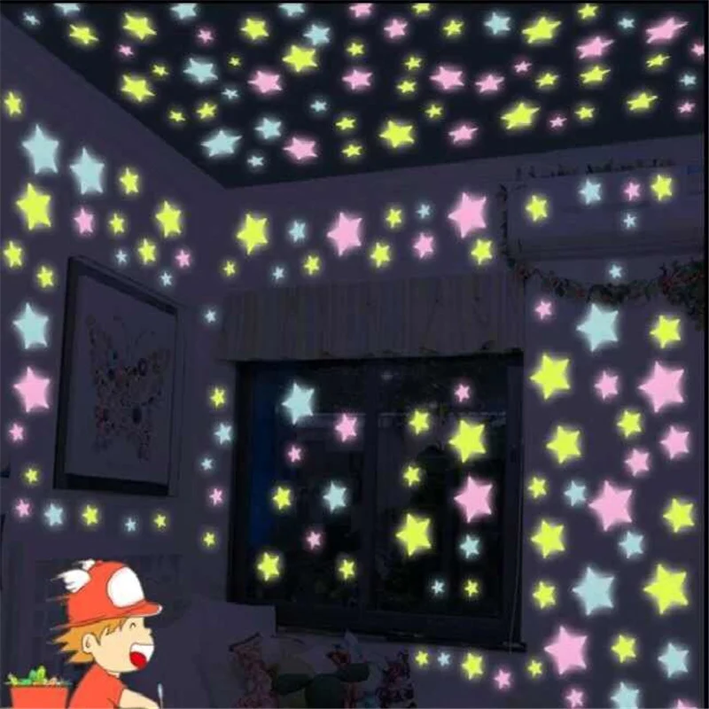 

100pcs 3D Stars Glow In The Dark Wall Sticker Fluorescent DIY Room Decoration DIY Children's Living Room Wall Decoration