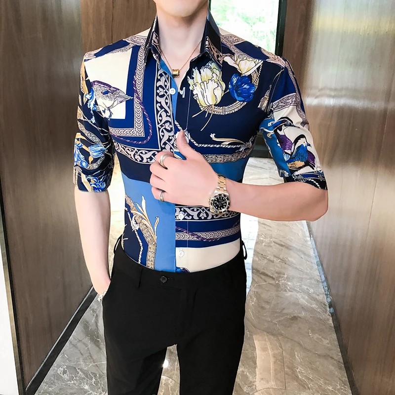 

British Style Summer Men Print Shirt Fashion 2020 Half Sleeve Casual Shirts for Men Slim Fit Streetwear Blouse Men Clothing