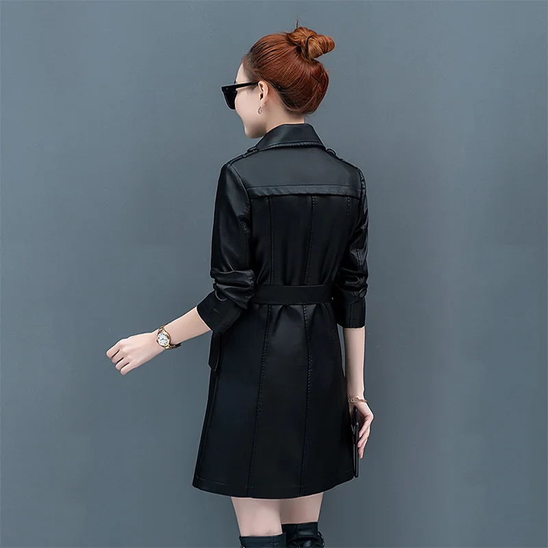 Специальный размер 5XL Женская Весенняя кожаная куртка средней длины