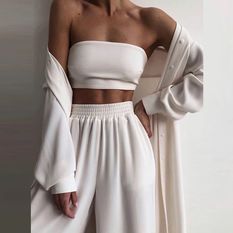 

2021 Homewear Spring Solid Warm Women Tracksuit 3 Piece Set Casual Strapless Crop Tops And Wide Leg Pants Sportswear Female Suit