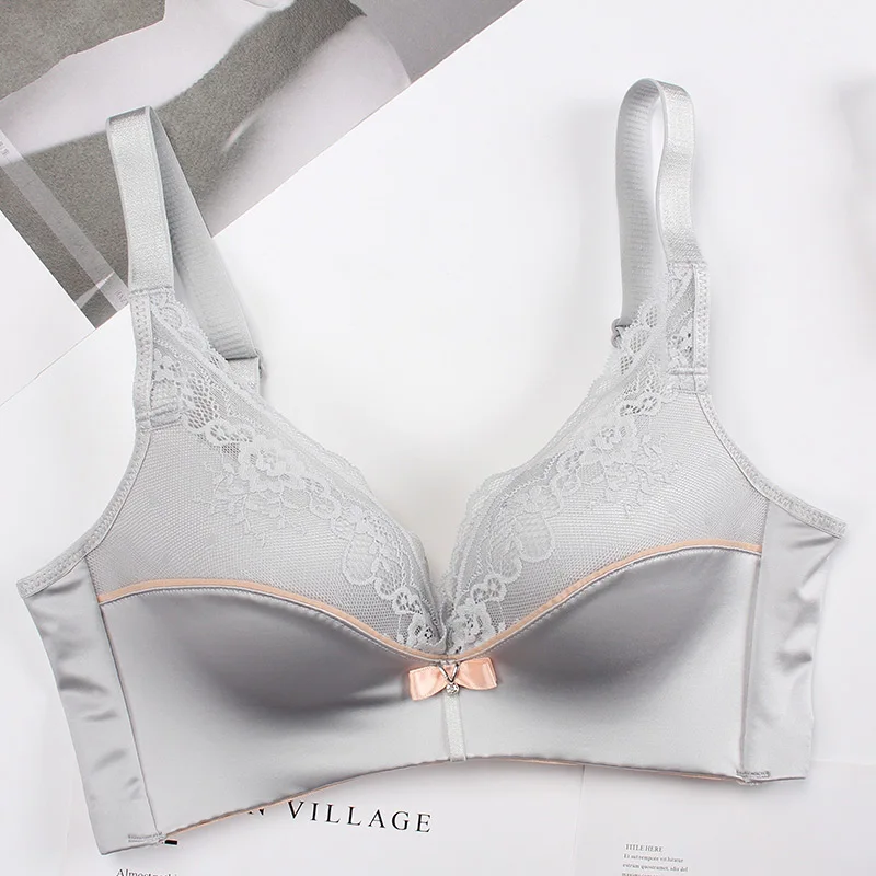 grey bra Meizimei, кружевной deepV сексуальный бюстгальтер без косточек, комплект нижнего белья пуш-ап для женщин, маленький размер, бюстгальтер для девушек, тонкие трусики, бюстгальтер для девочек, ABC cup - Цвет: grey bra