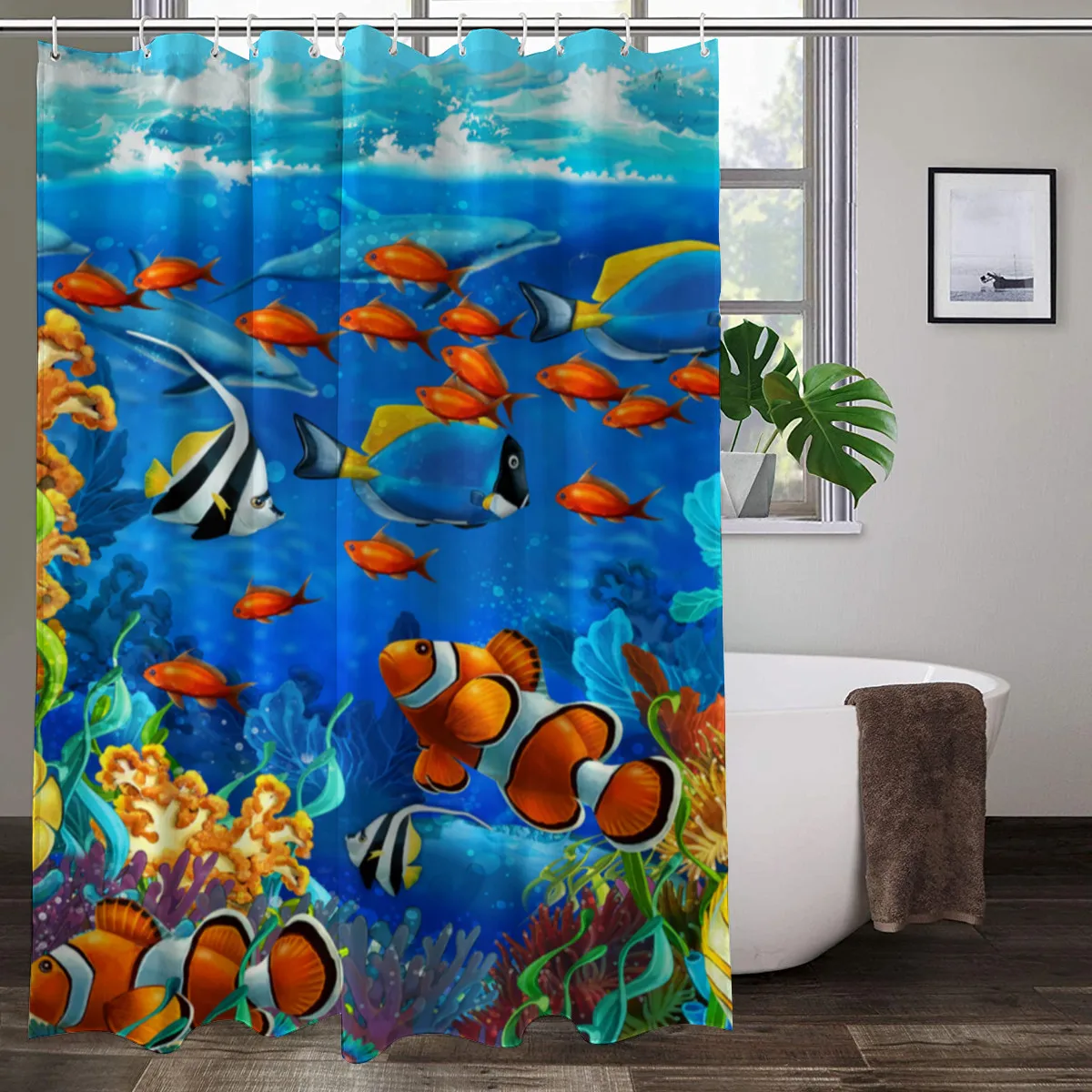 

Cute Cartoon Ocean Animal Shower Curtain Child Funny Bathroom Decor Waterproof Polyester Cloth Bath Curtains With Hooks