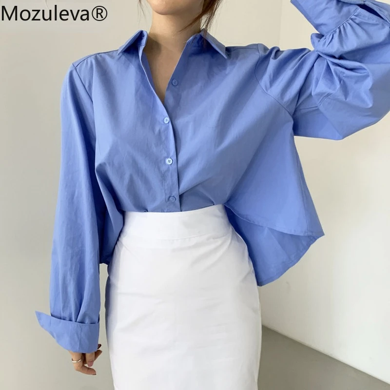 

Mozuleva Spring Fashion Chic Ladies Pleated Shirts Elegant Laepl Single-breasted Loose Women Blouses Solid Female Tops Blusas