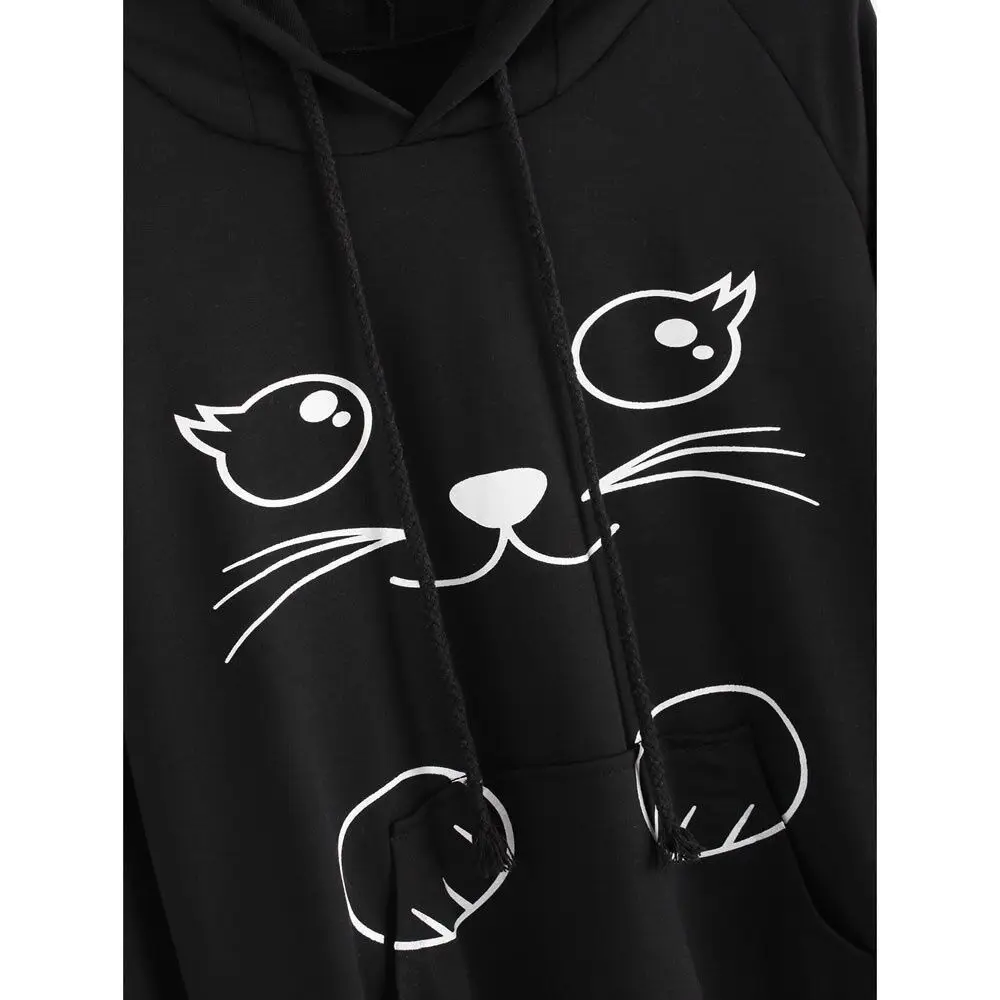 

New Cat Printed Casual Hoodies & Sweatshirts Womens Pullovers Long Sleeve Hooded Pocket Sweatshirt Ladies Tops Black Shirt