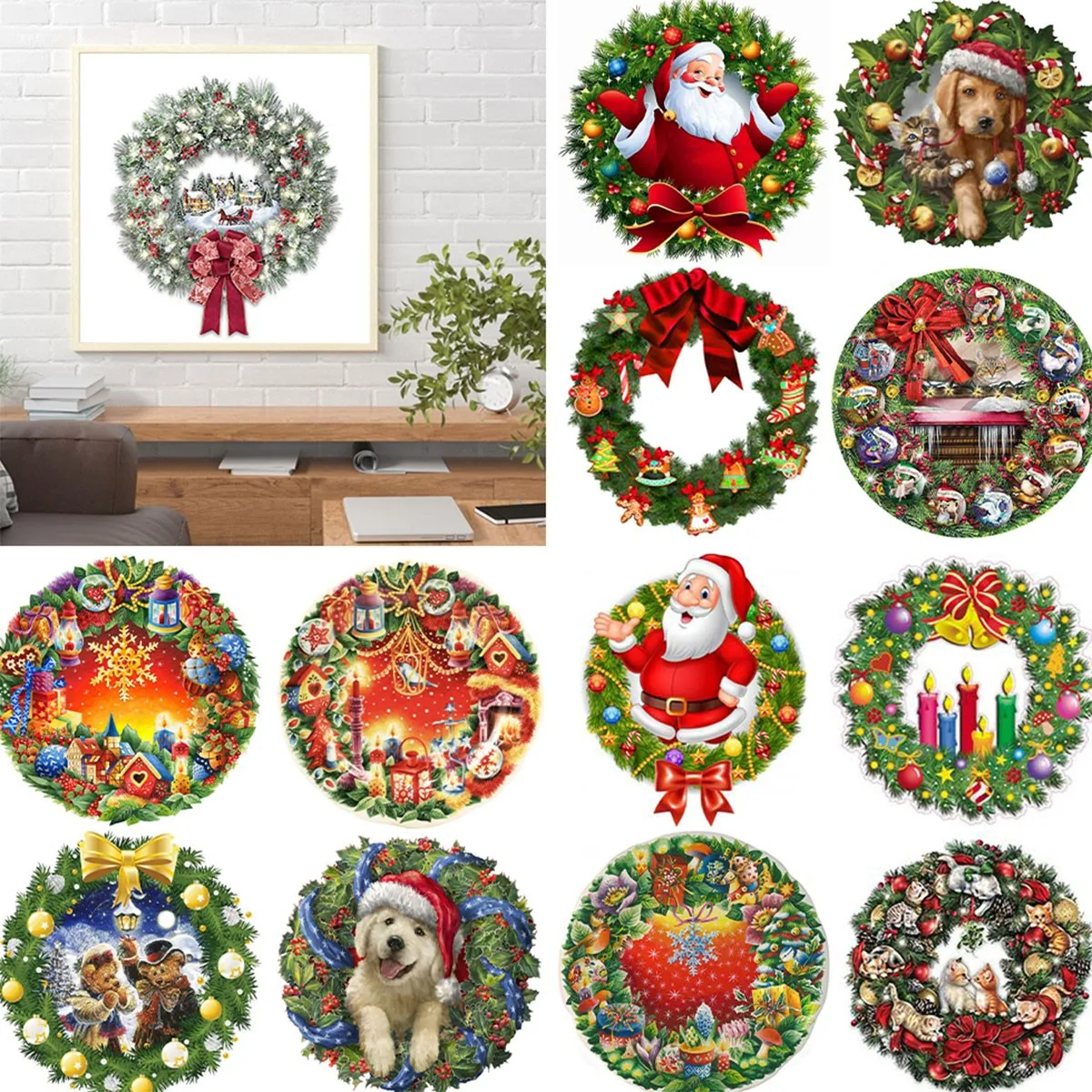 

5D DIY Spot Drill Diamond Christmas Crystal Wreath Kits Mosaic Art Crafts Rhinestone Drawing Garland Door Wall Hanging Decoratio