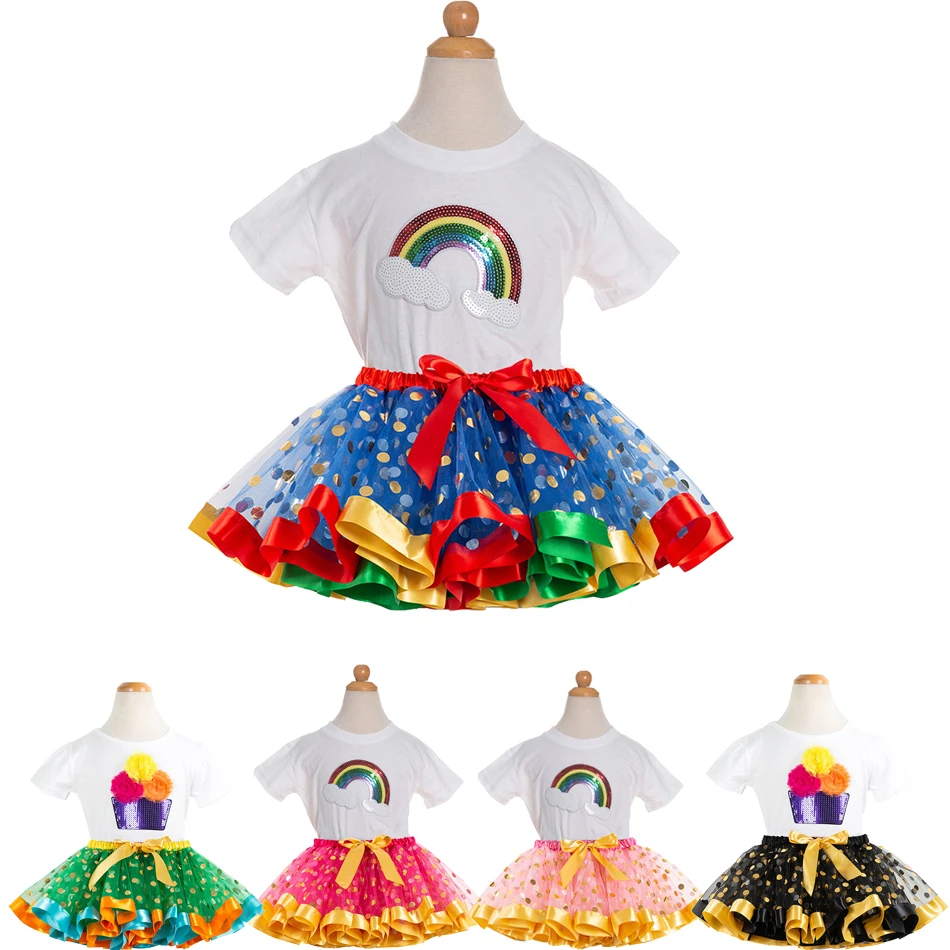 

Rainbow Tutu Dress for Infant Girls Sequin Cotton T-Shirt Circular Wave Point Skirt Children's Casual Birthday Party Clothes
