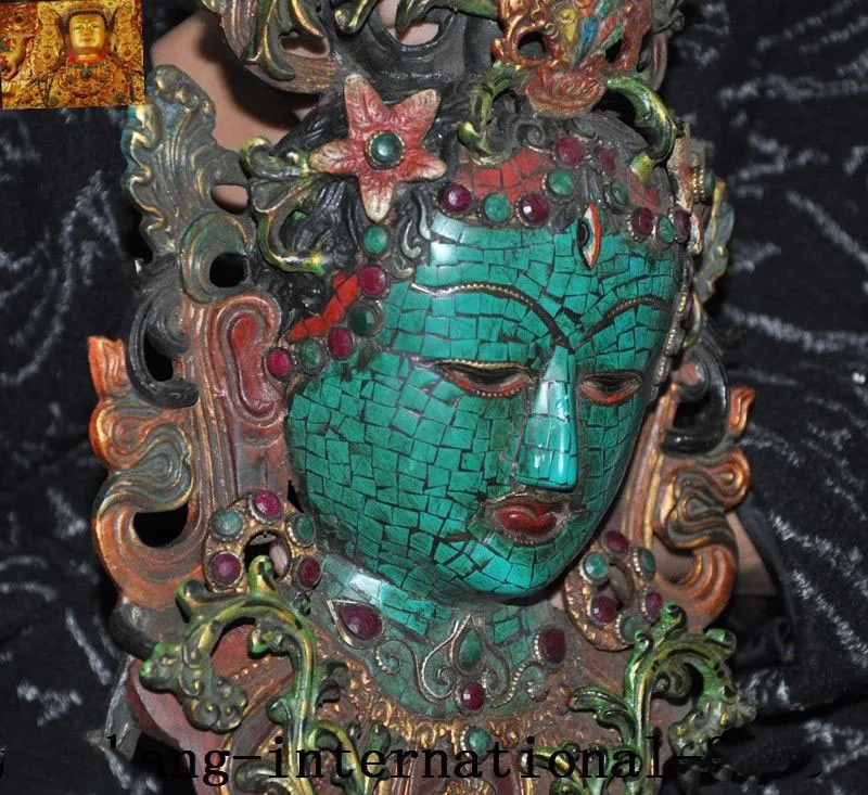 

wedding decoration 11"Old Tibetan Bronze Inlay turquoise gem tara Kwan-yin goddess Buddha head mask New Year