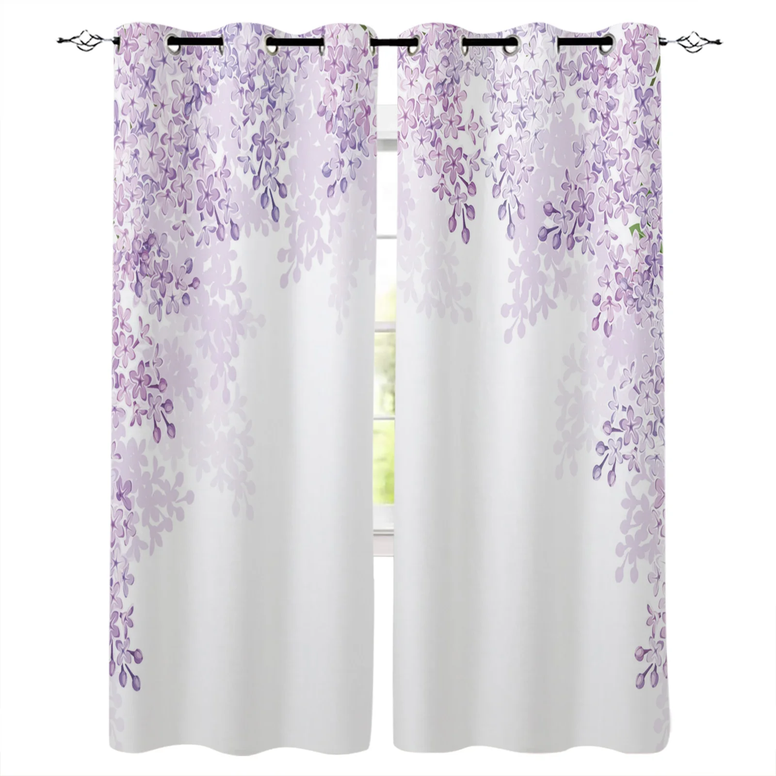 

Purple Flower White Printed Curtains Window for Living Room Bedroom Kitchen Kids Room Modern Home Decoration