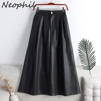 neophil 2022 winter women vintage pu faux leather long skirts pockets elastic female high waist casual a line longa sia s211222