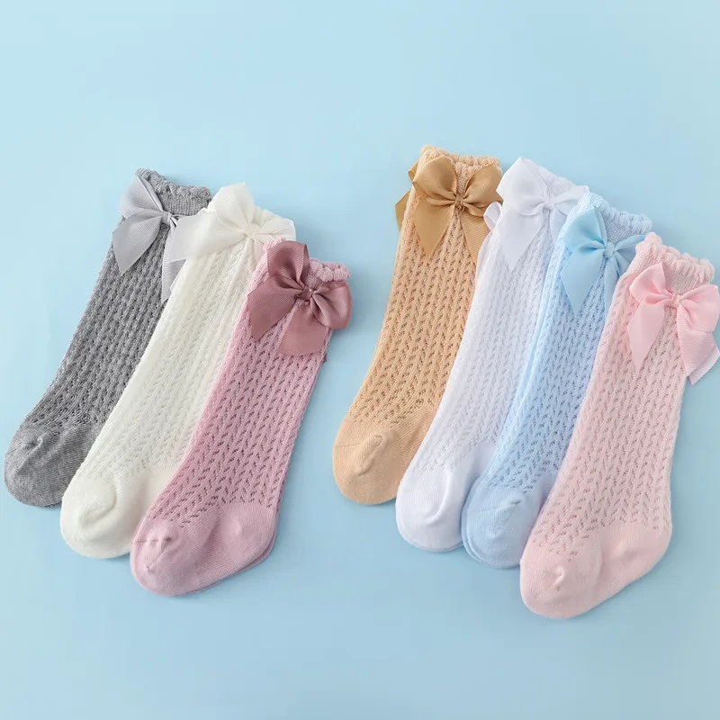 lawadka 5Pairs/Lot Newborn Baby Girl Socks Cotton Mesh Bow Knee High Socks New Summer Infant Long Sock Age for 0-24Monthes 2021