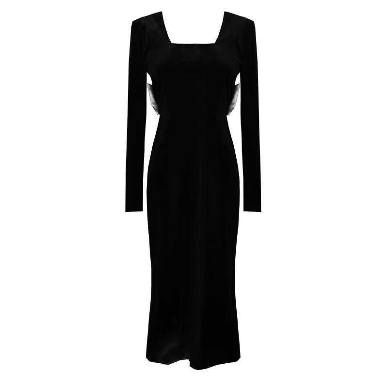 

French style retro square collar black velvet dress women square collar long-sleeved split party dress