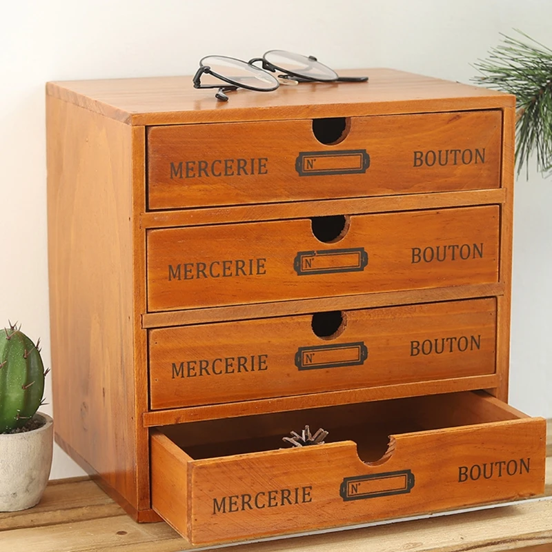 

Wooden Retro 4 Layer Drawer Storage Box Retro Desktop Dividers Organizer Cosmetic Jewelry Rustic Shelf Cabinet Home Tabletop Dec