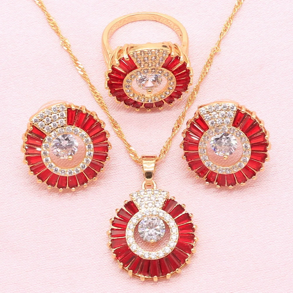 

Новое поступление набор ювелирных изделий золотого цвета для женщин красные белые синие кристаллы изысканные серьги кулон ожерелье кольцо...