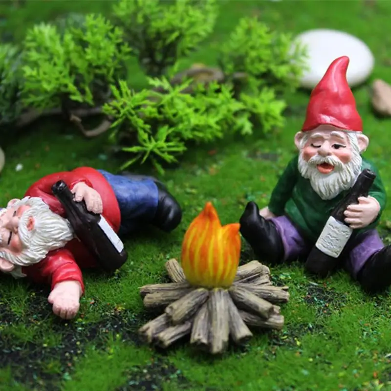 

4pcs Fairy Garden Drunk Gnomes Miniature Ornaments Set Mini Dwarf Bonfire Statues For Planter Flowerpot Decor Accessories