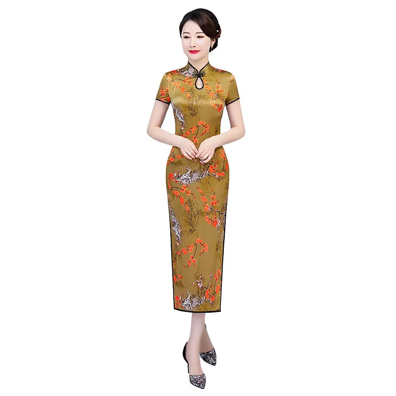 Весна лето 2020 Новое шелковое платье с круглым воротником и коротким рукавом из