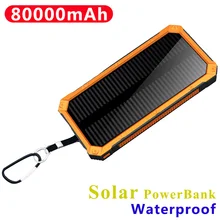 80000mAh Waterproof Solar Power Bank Waterproof USB Port External Charger Suitable for Smart Phone Power Bank with LED Light