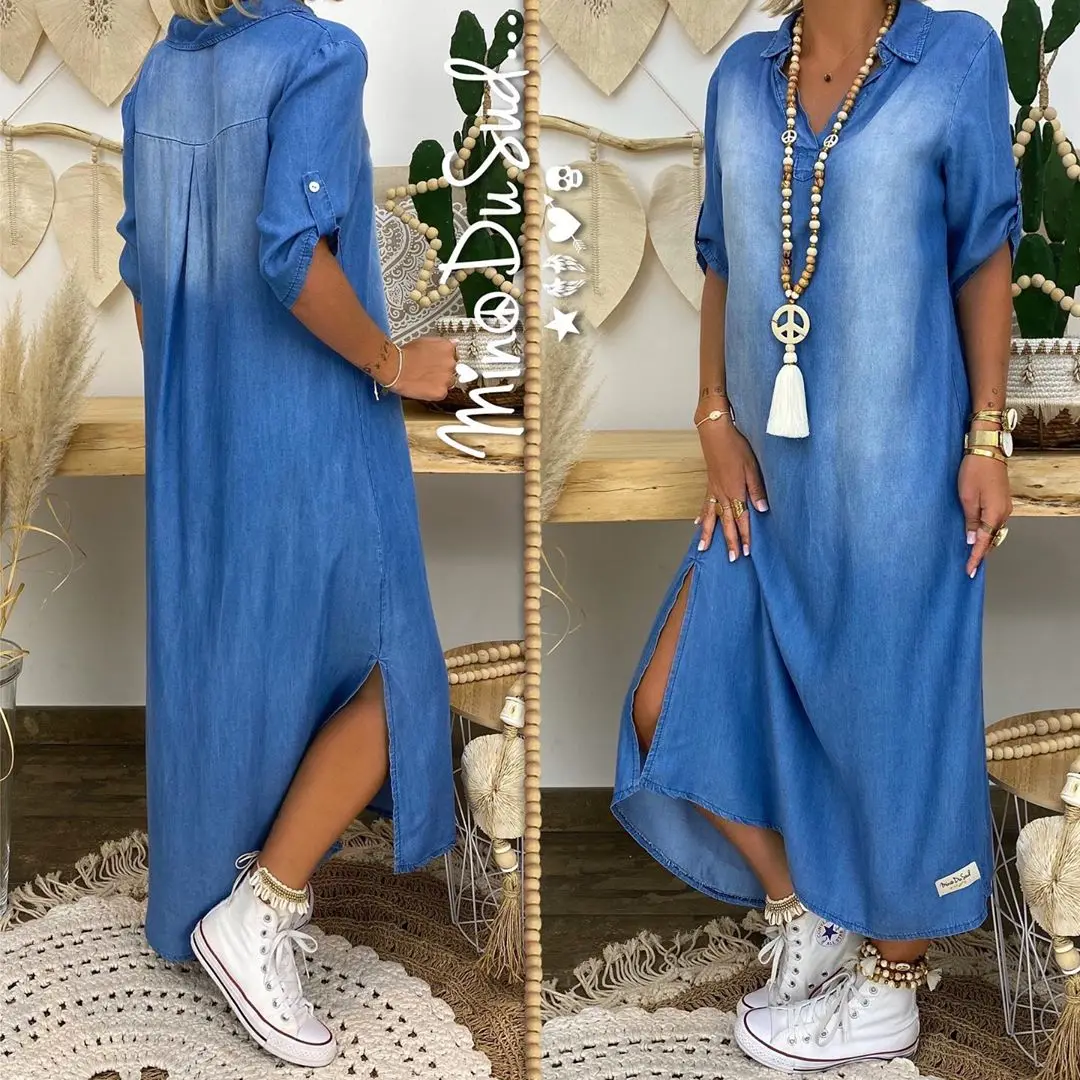 

Y5168 European and American foreign trade women's new style washed denim loose one-piece dress
