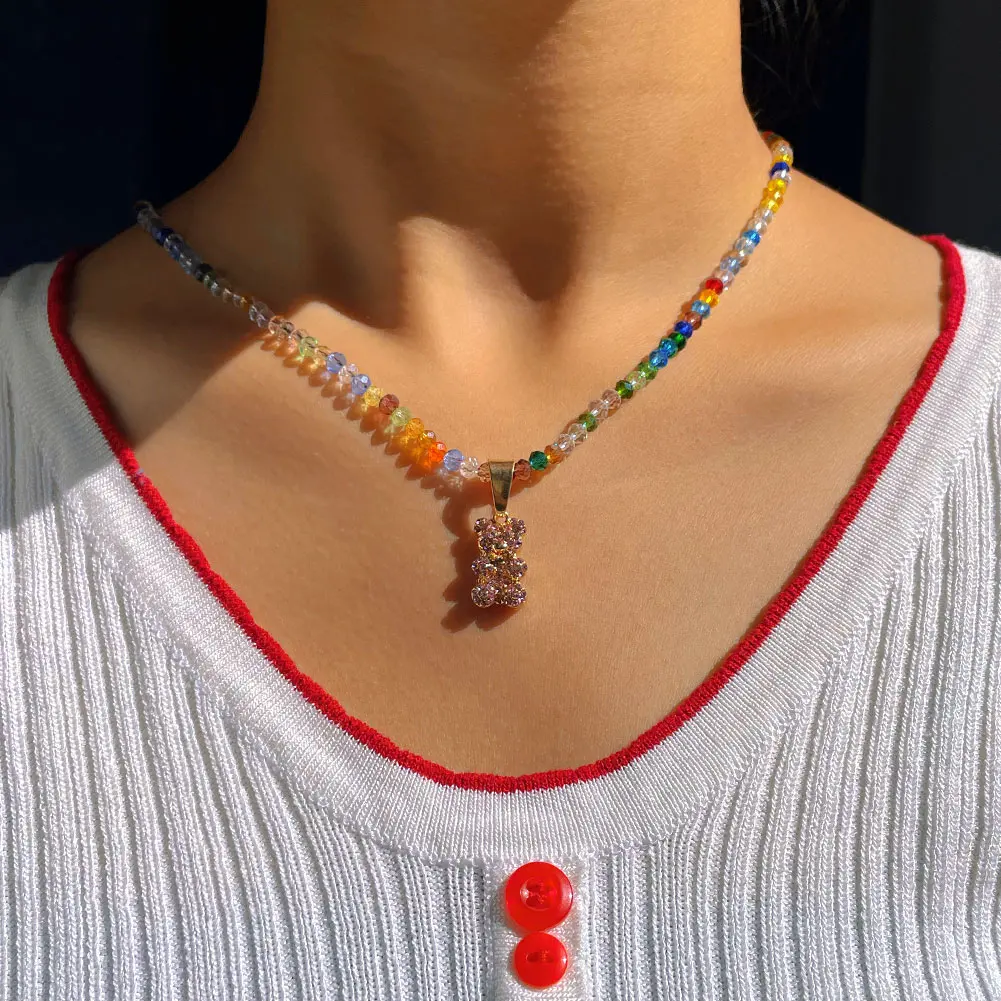 

2021 Korean Bling Full Rhinestone Gummy Bear Charm Crystal Beaded Necklaces For Women Rainbow Color Seed Bead Necklace Jewelry