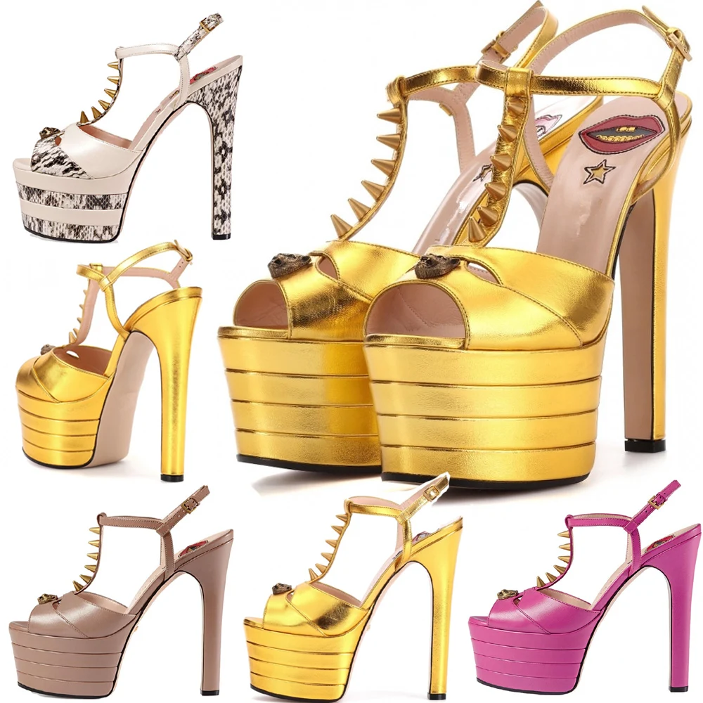 

Women Chunky High Heels T Strap Rivet Sandal Sexy Peep Toe Evening Party Shoe Platform Popular Ball Summer Lady Sandals 2-D-SL-3