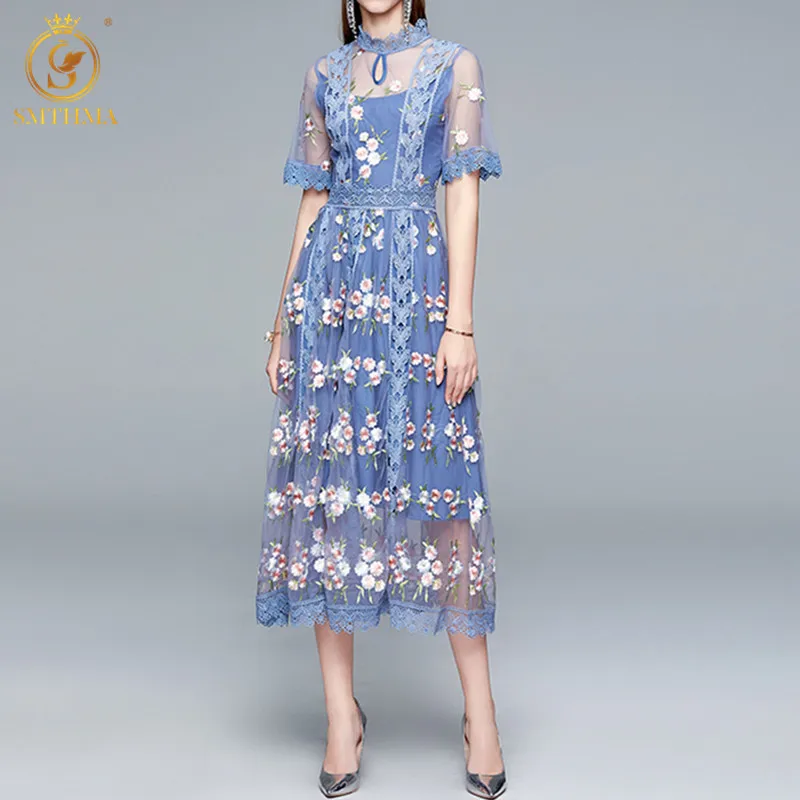 

SMTHMA 2021 New Arrival Runway Designer Luxury Party Dresses Women's Blue Embroidery Flowers Midi Long Dress Vestidos