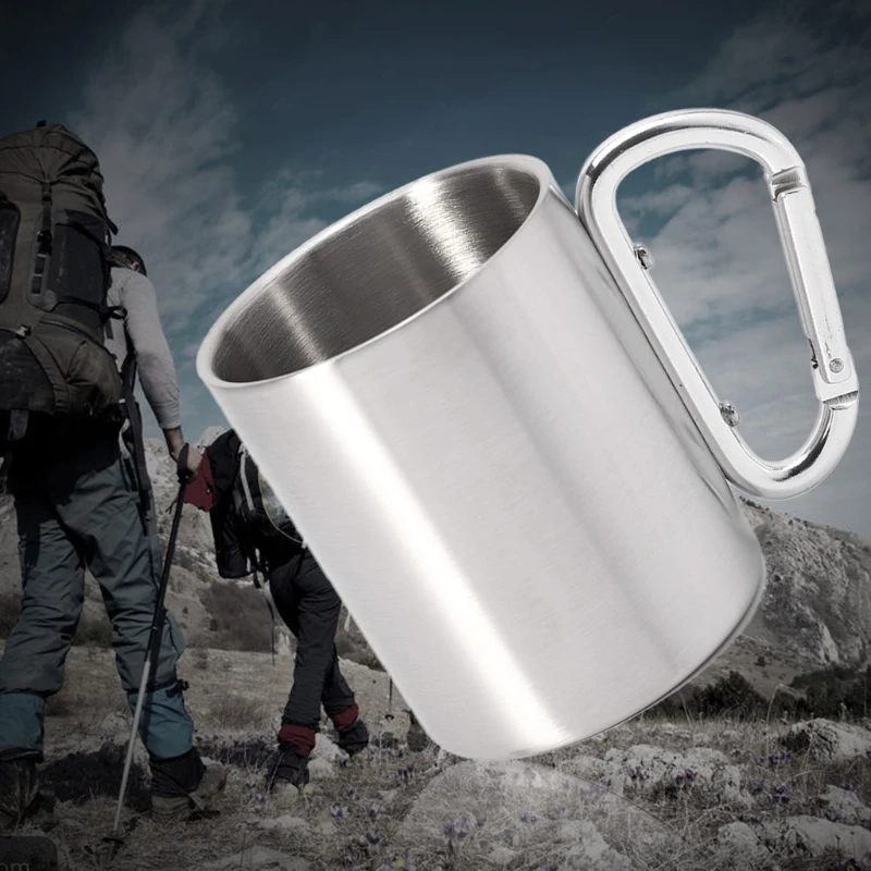 

220ml Camping Travel Stainless Steel Cup Carabiner Hook Handle Picnic Water Mug W89F