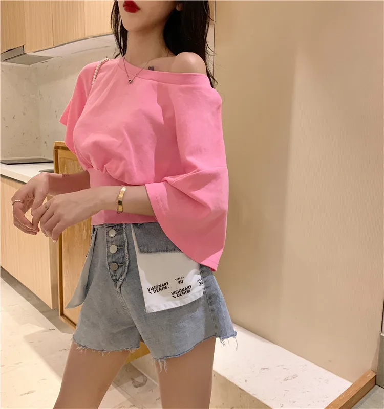 

Fashion Brands Casual Style Hot Women's Clothing Solid Summer Woman Tops Crop Top T Shirts Loose Top Cropped O-neck Tees New