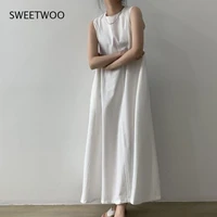 2021 snordic women summer white cotton linen loose waist long tank dress sleeveless large hem pullover sundress