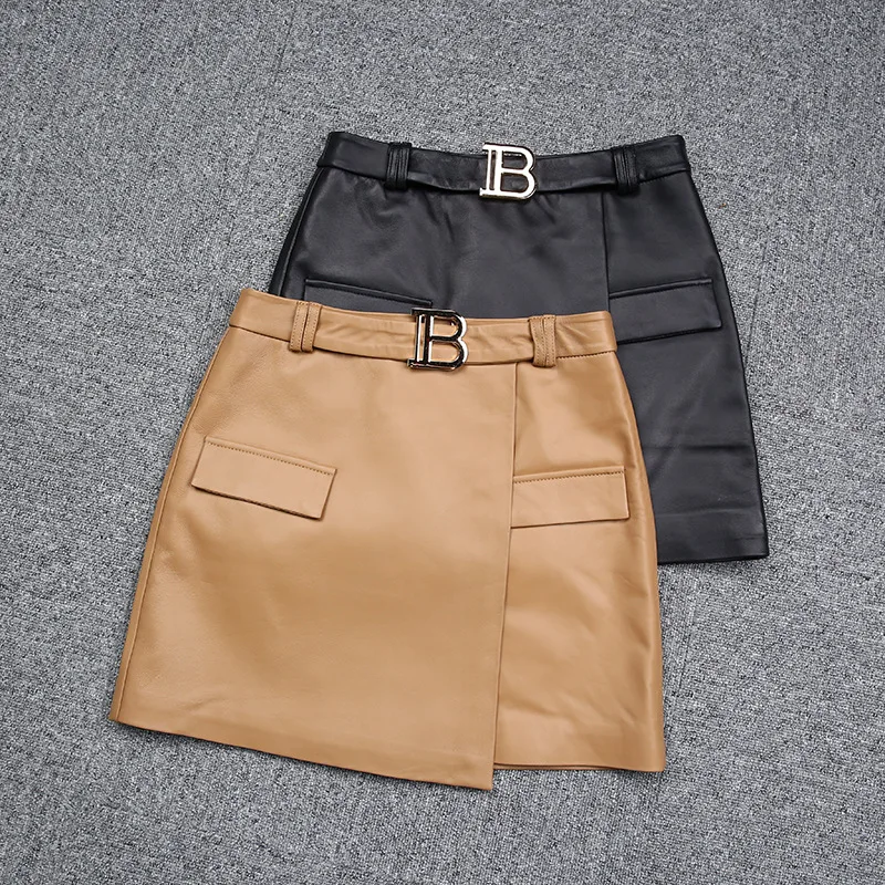 2022 New Leather Skirt Metal Buckle Sheepskin Slim Short Skirt E4