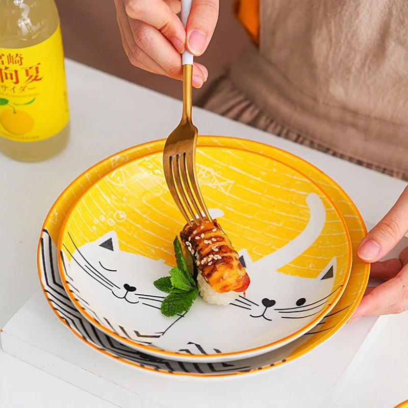 Керамические обеденные тарелки с милым котом в японском стиле ручная окрашенные